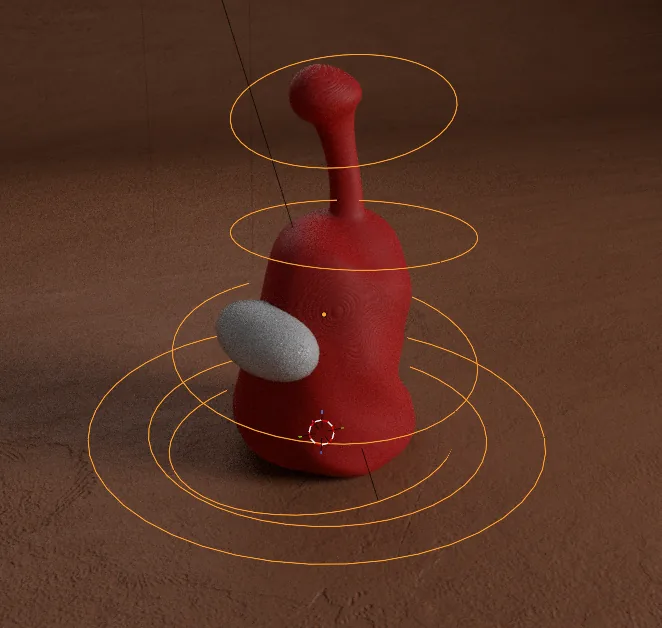 The claymation character in a 3D animation viewport with rigging and motion-path rings overlaid